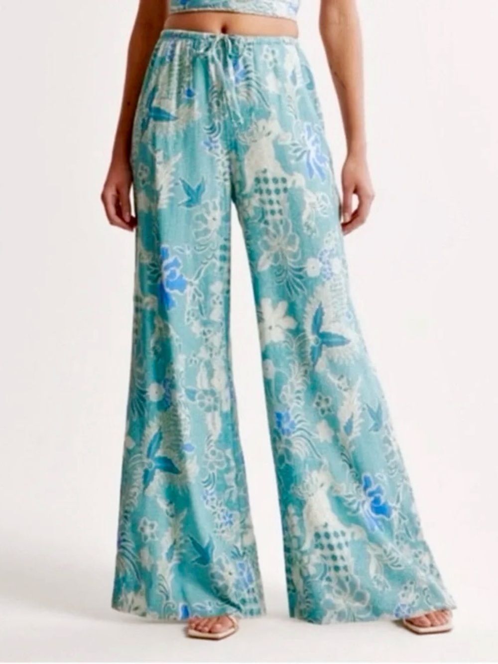 Abercrombie & Fitch Aqua Teal Floral Wide-Leg Pants Pockets Small Tie Waist